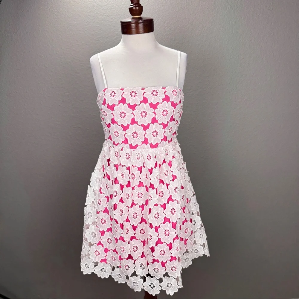 Ultramarine Pink white Crochet Detail Floral Dress Sz S Boho Kentucky Derby - Picture 2 of 10